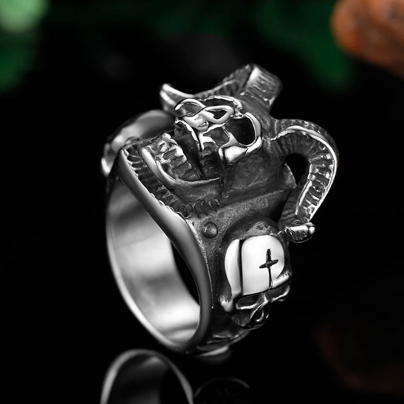 Satanic Longhorn Skull Ring - Chrome Cult