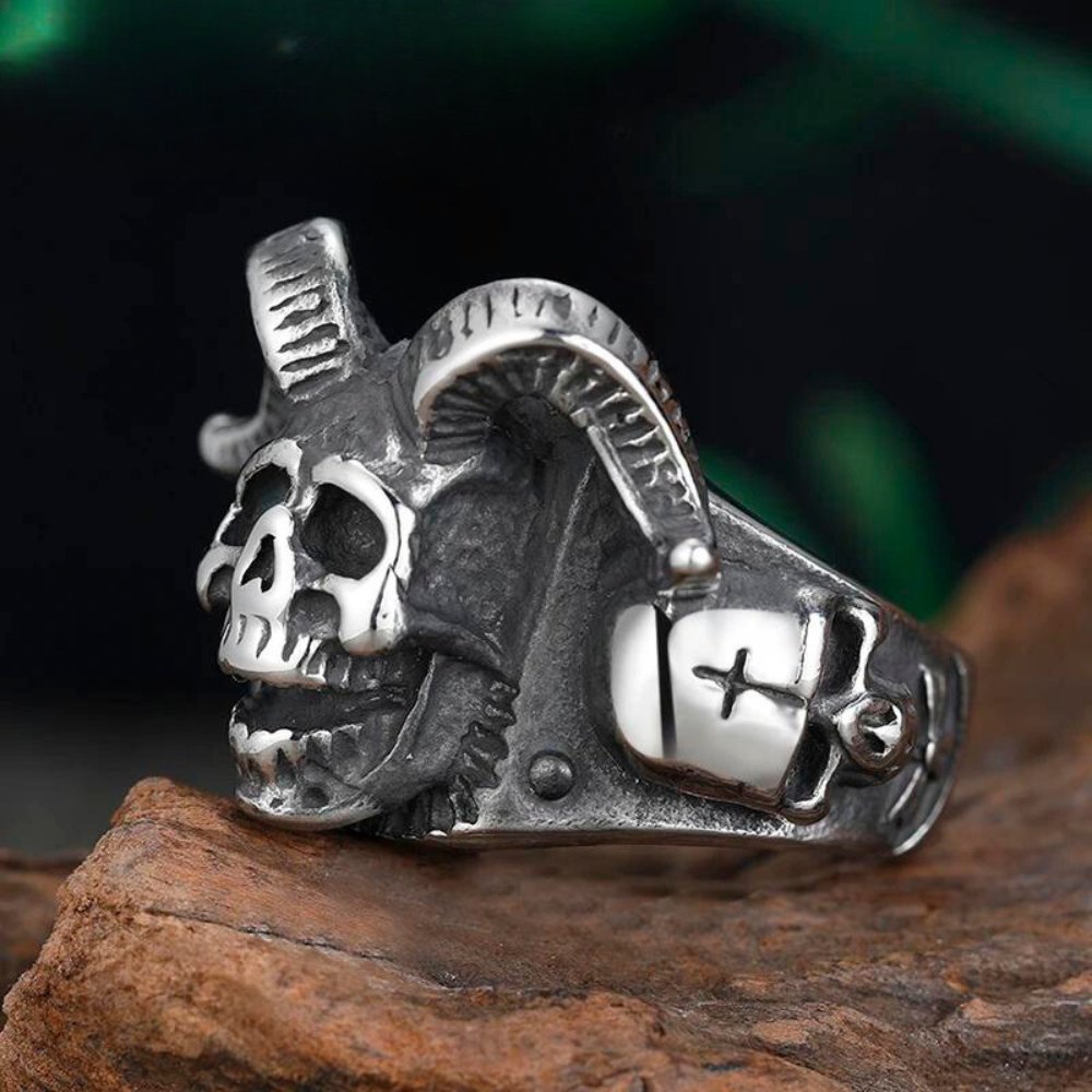 Satanic Longhorn Skull Ring - Chrome Cult