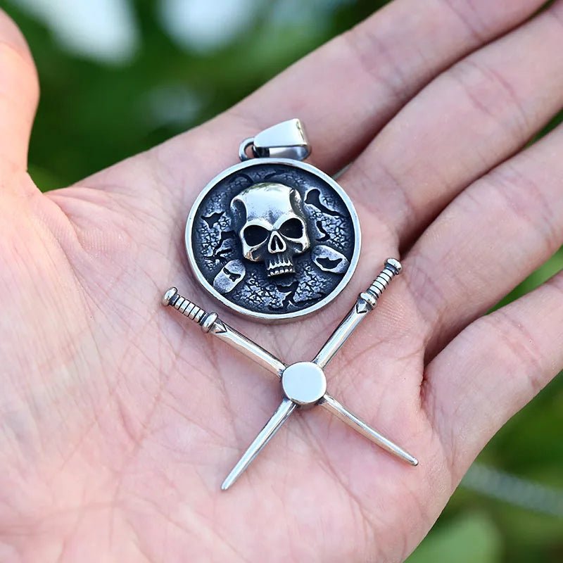 Skull Crossed Sword Shield Pendant - Chrome Cult