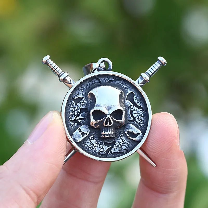 Skull Crossed Sword Shield Pendant - Chrome Cult