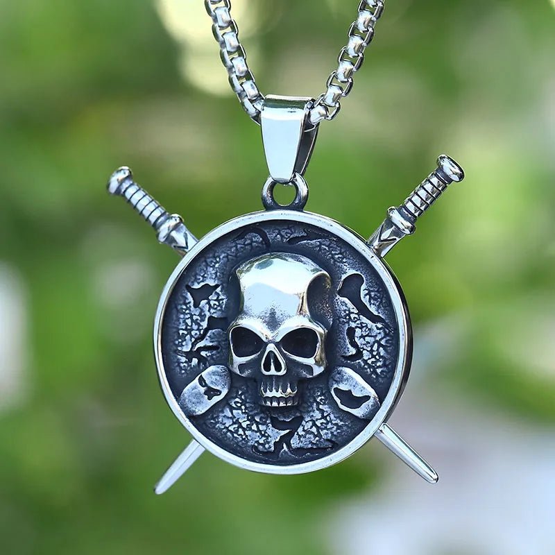 Skull Crossed Sword Shield Pendant - Chrome Cult