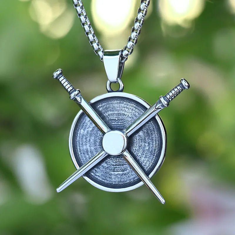 Skull Crossed Sword Shield Pendant - Chrome Cult