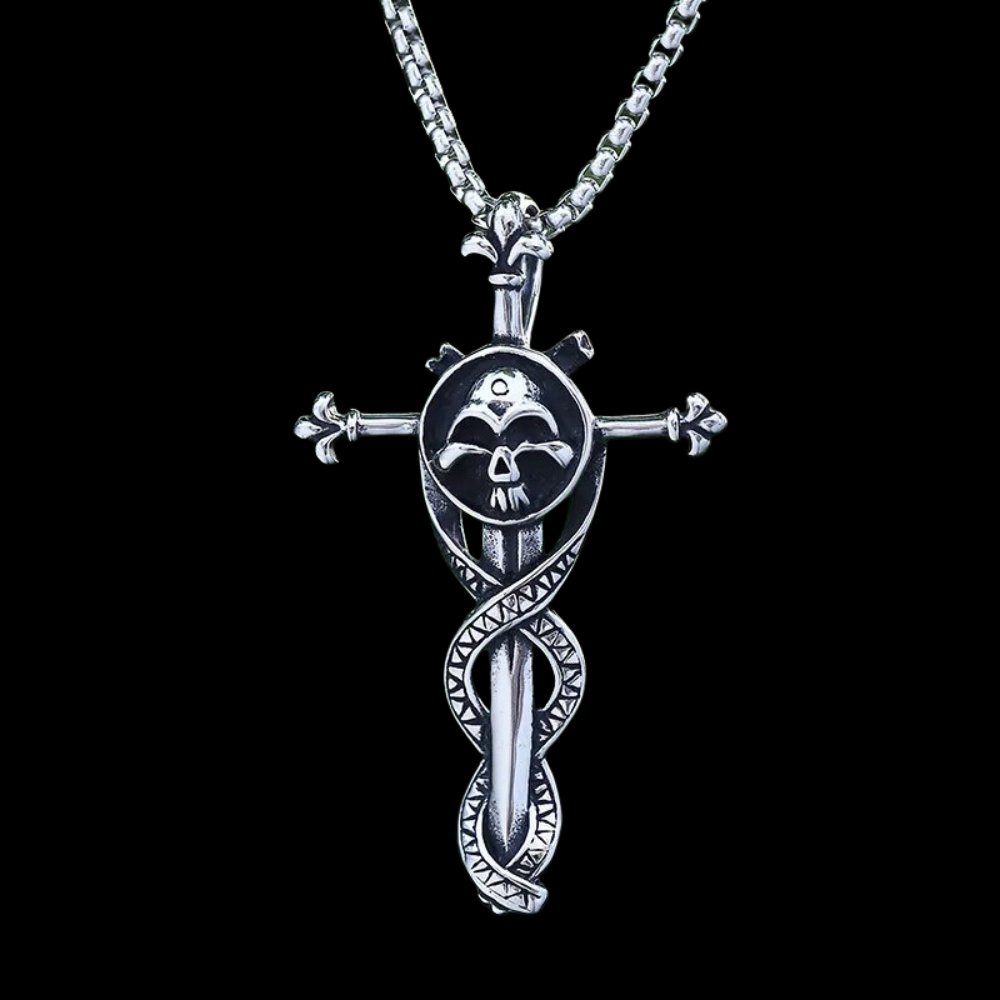 Skull Entwined Dagger Cross Pendant - Chrome Cult