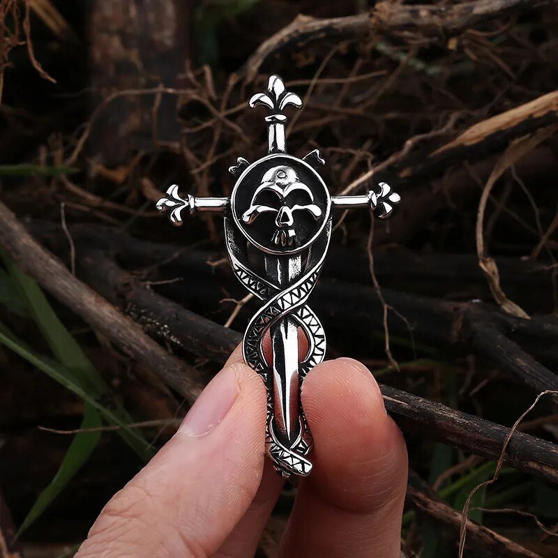 Skull Entwined Dagger Cross Pendant | Stainless Steel Gothic Punk