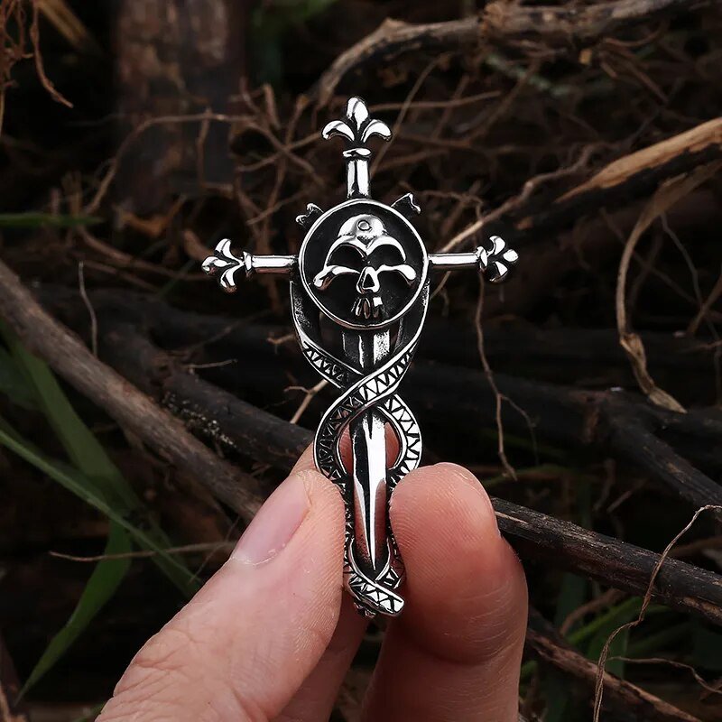 Skull Entwined Dagger Cross Pendant - Chrome Cult