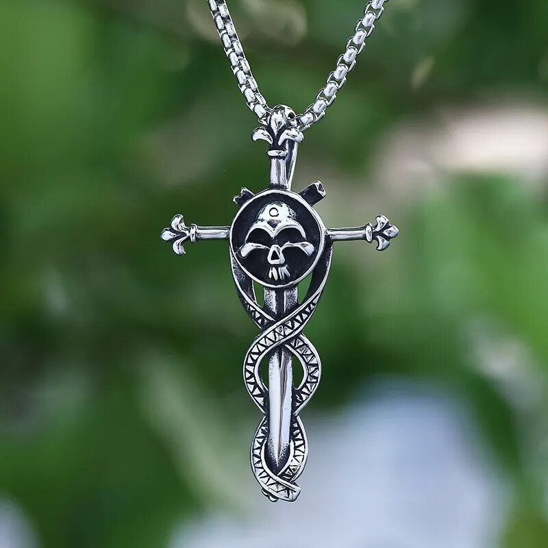 Skull Entwined Dagger Cross Pendant - Chrome Cult