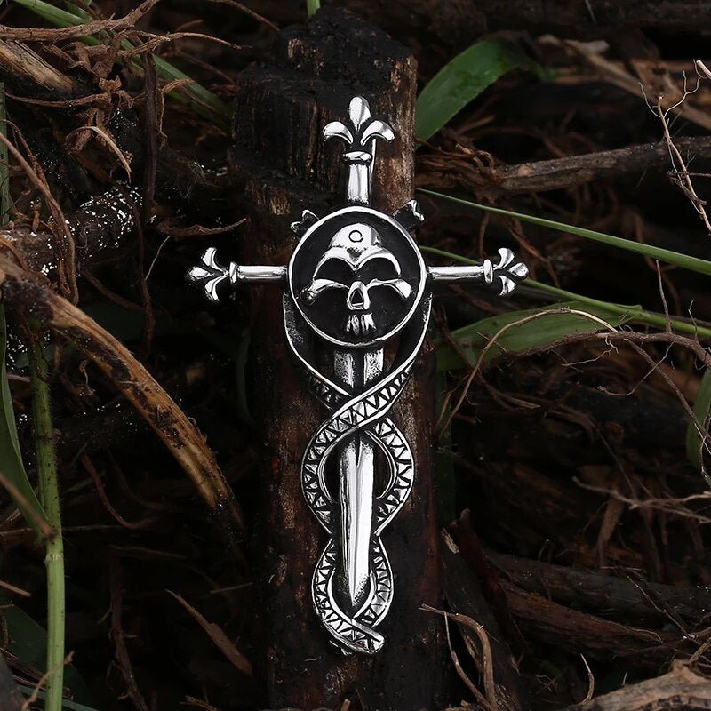 Skull Entwined Dagger Cross Pendant - Chrome Cult