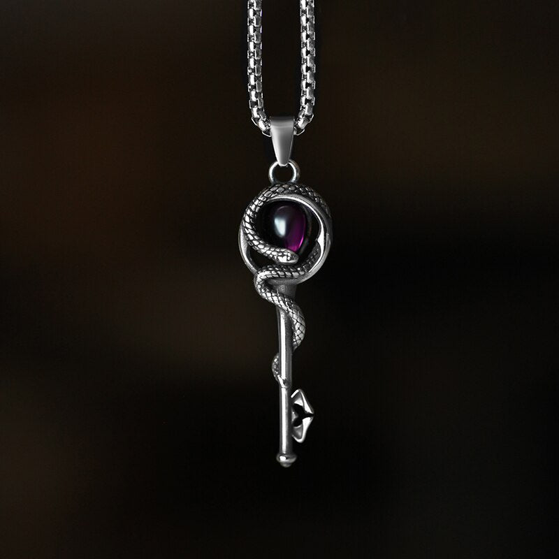 Snake & Gem Key Pendant - Chrome Cult