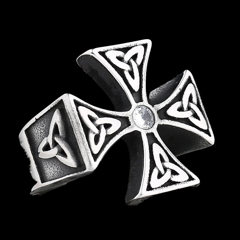 Stone Triquetra Cross Ring - Chrome Cult