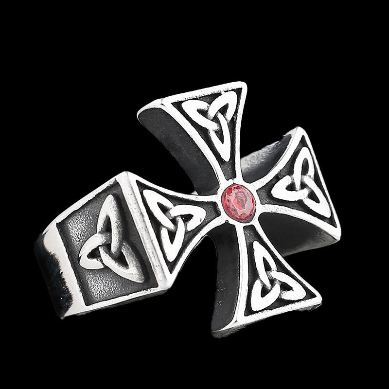 Stone Triquetra Cross Ring - Chrome Cult