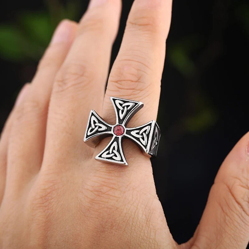 Stone Triquetra Cross Ring - Chrome Cult