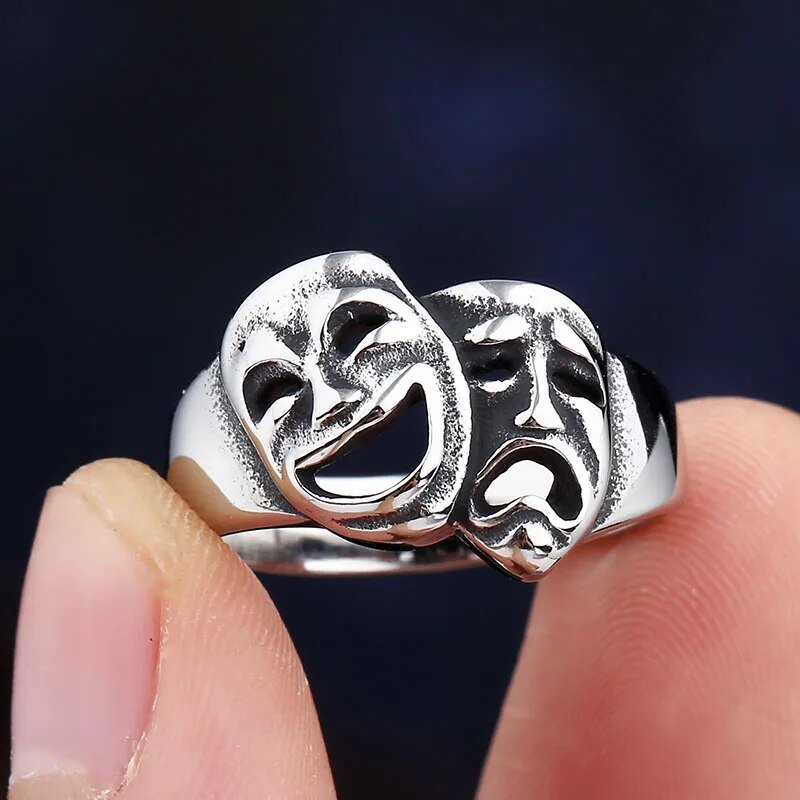 Thalia and Melpomene Mask Ring | Stainless Steel Gothic Jewelry