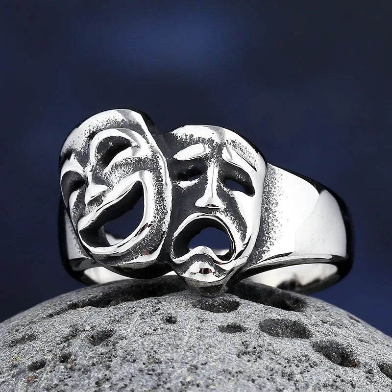 Thalia and Melpomene Mask Ring | Stainless Steel Gothic Jewelry