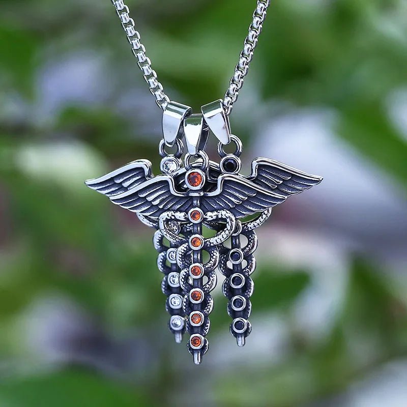 The Caduceus Of Hermes Winged Snake Pendant - Chrome Cult