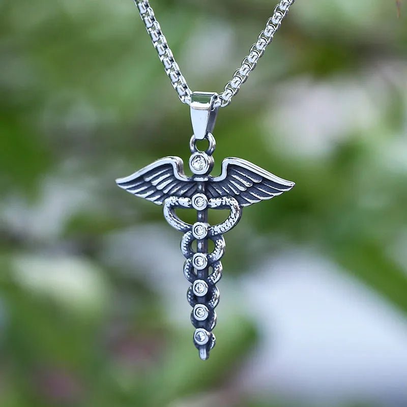 The Caduceus Of Hermes Winged Snake Pendant - Chrome Cult