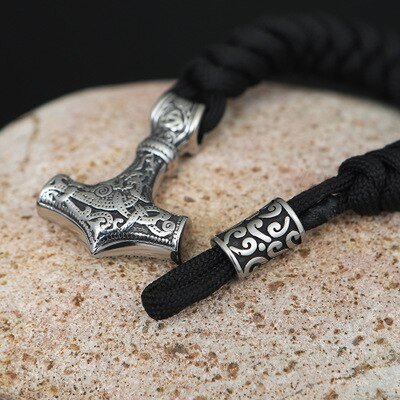 Thor's Hammer Braided Rope Viking Bracelet - Chrome Cult