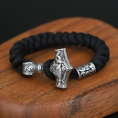 Thor's Hammer Braided Rope Viking Bracelet - Chrome Cult
