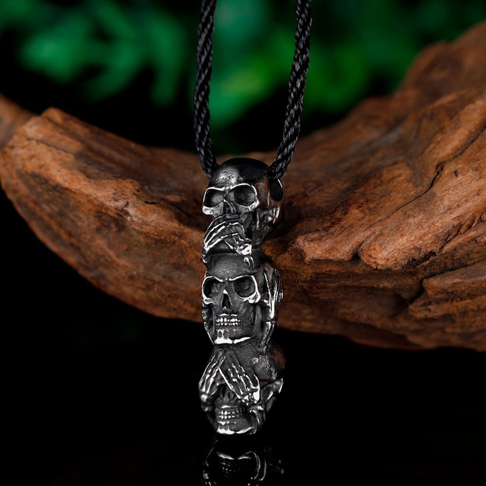 Three Wise Skulls Statue Pendant - Chrome Cult