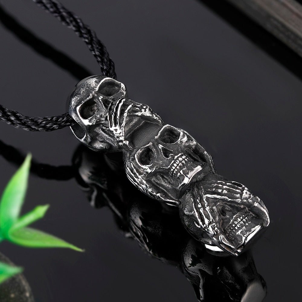 Three Wise Skulls Statue Pendant - Chrome Cult