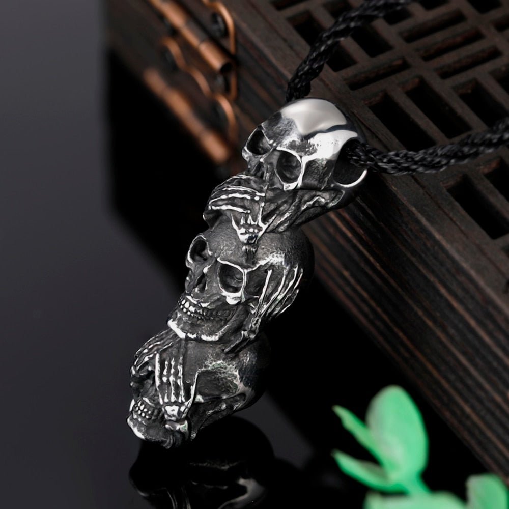 Three Wise Skulls Statue Pendant - Chrome Cult