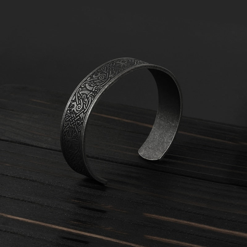 Tree Of Life Viking Pattern Cuff Bracelet - Chrome Cult