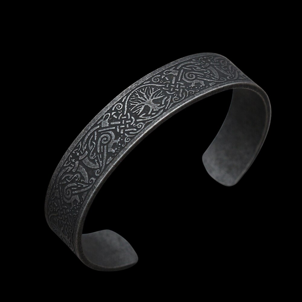Tree Of Life Viking Pattern Cuff Bracelet - Chrome Cult