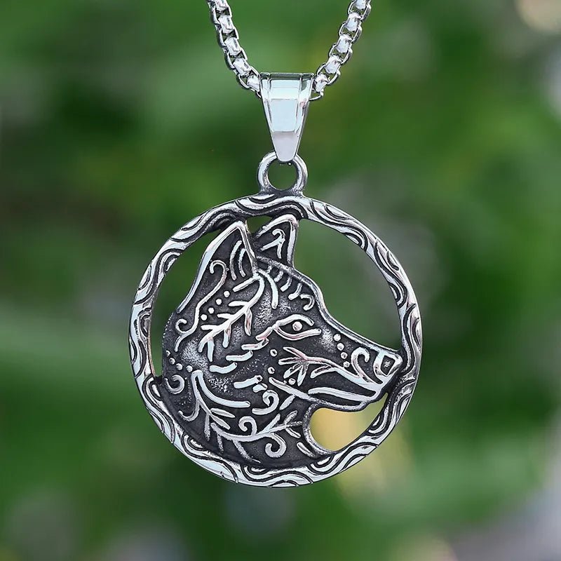 Tribal Wolf Head Circle Pendant - Chrome Cult