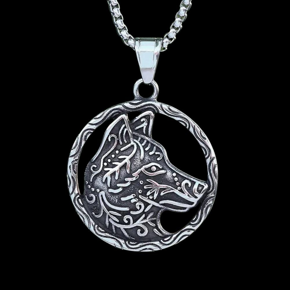 Tribal Wolf Head Circle Pendant - Chrome Cult