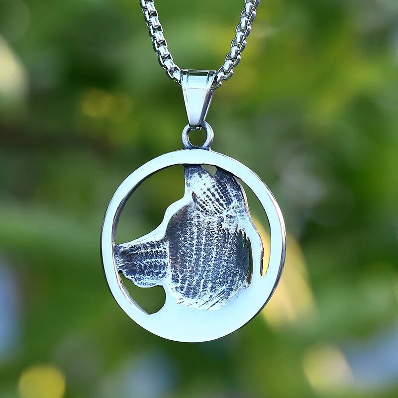 Tribal Wolf Head Circle Pendant - Chrome Cult