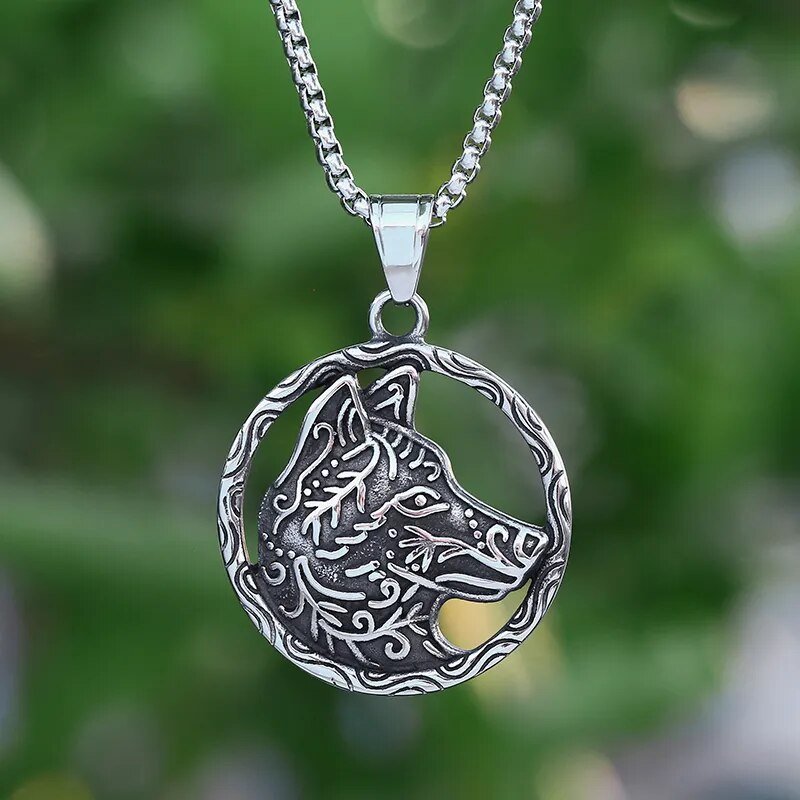 Tribal Wolf Head Circle Pendant - Chrome Cult