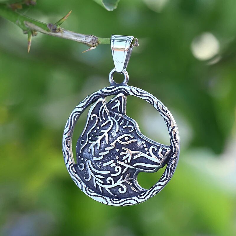 Tribal Wolf Head Circle Pendant - Chrome Cult