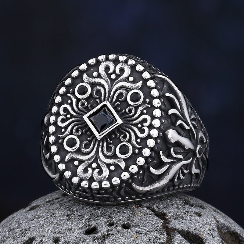 Turkish Signet Pattern Totem Ring - Chrome Cult