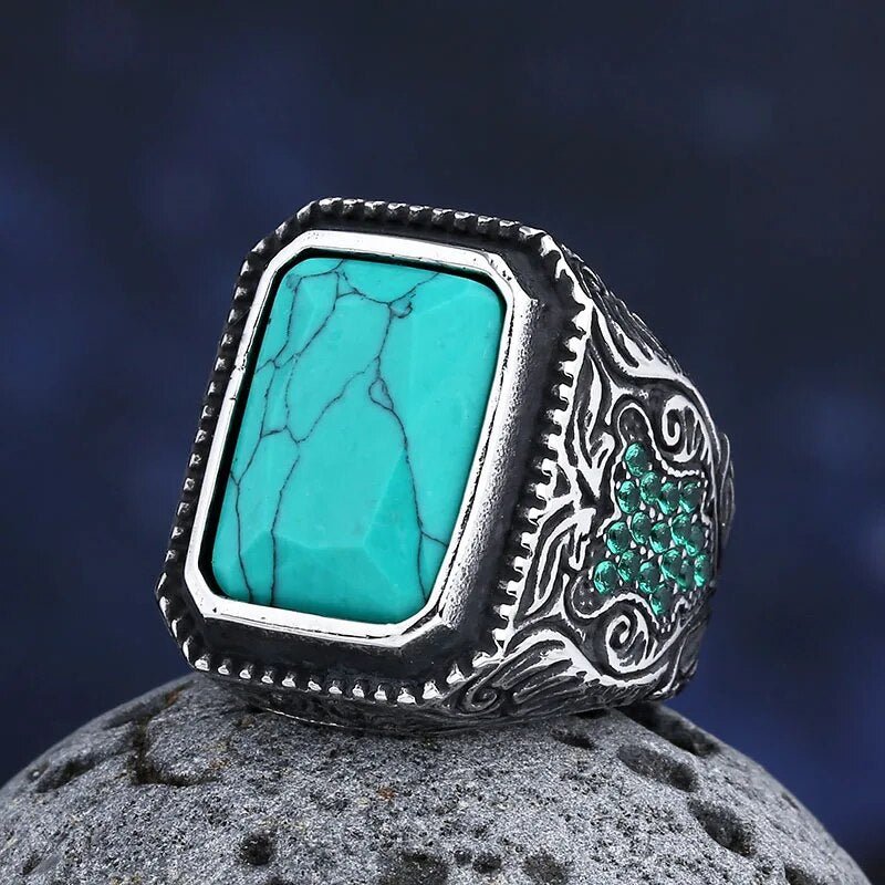 Turquoise Stone Norse Ring - Chrome Cult