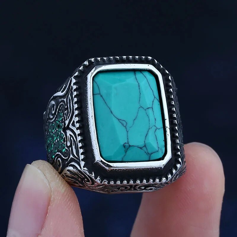 Turquoise Stone Norse Ring - Chrome Cult