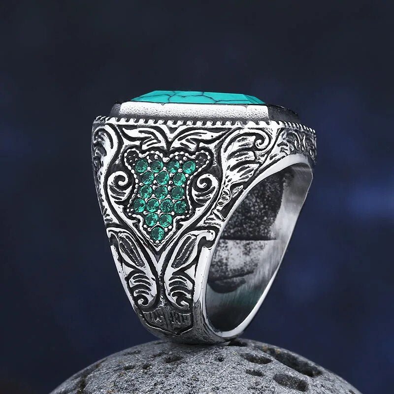 Turquoise Stone Norse Ring - Chrome Cult