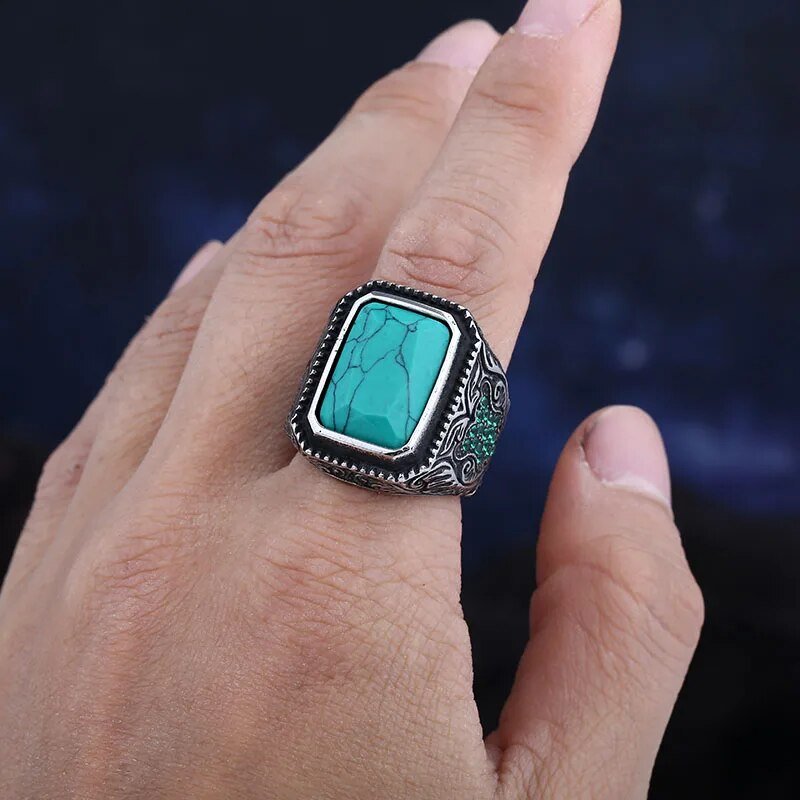 Turquoise Stone Norse Ring - Chrome Cult