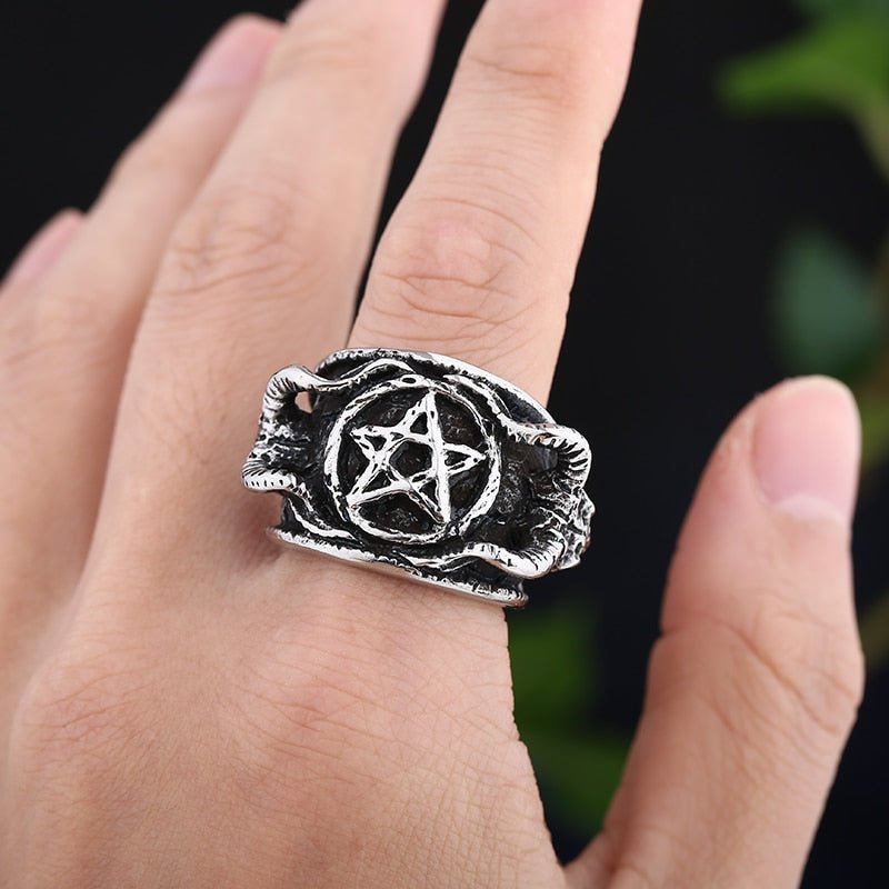 Twin Baphomet Pentagram Ring - Chrome Cult