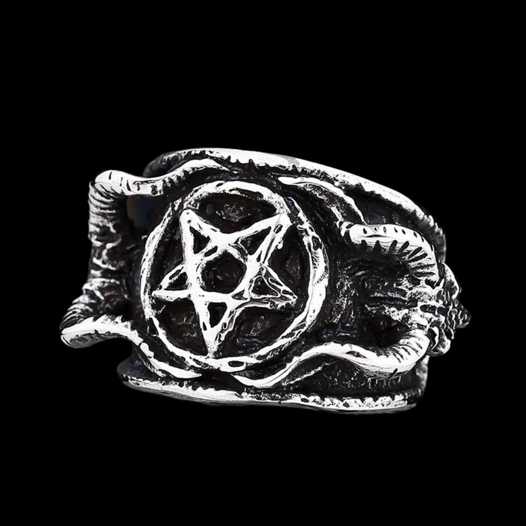 Twin Baphomet Pentagram Ring - Chrome Cult
