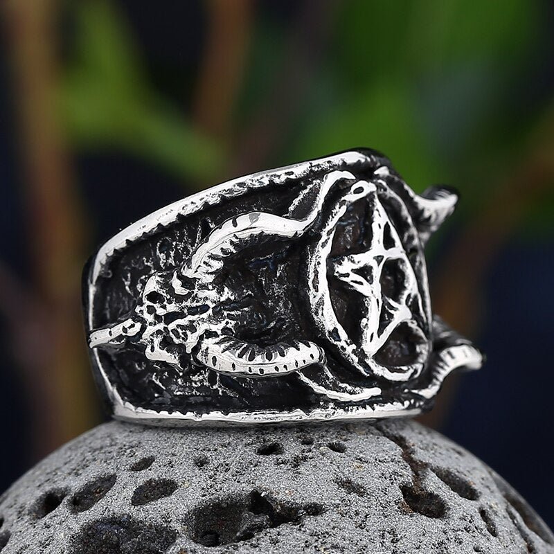 Twin Baphomet Pentagram Ring - Chrome Cult