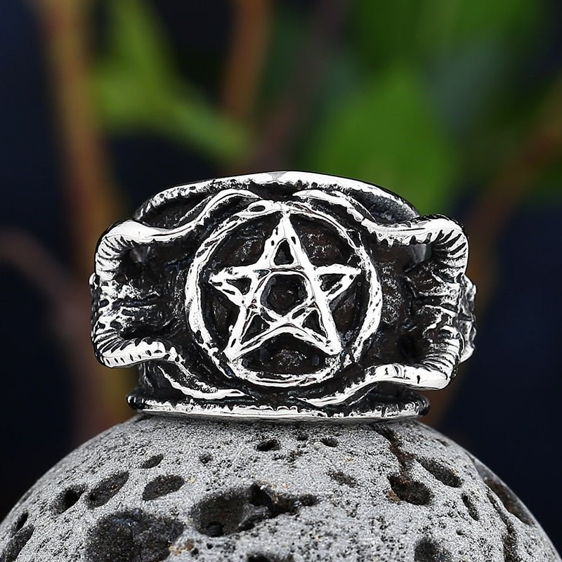 Twin Baphomet Pentagram Ring - Chrome Cult