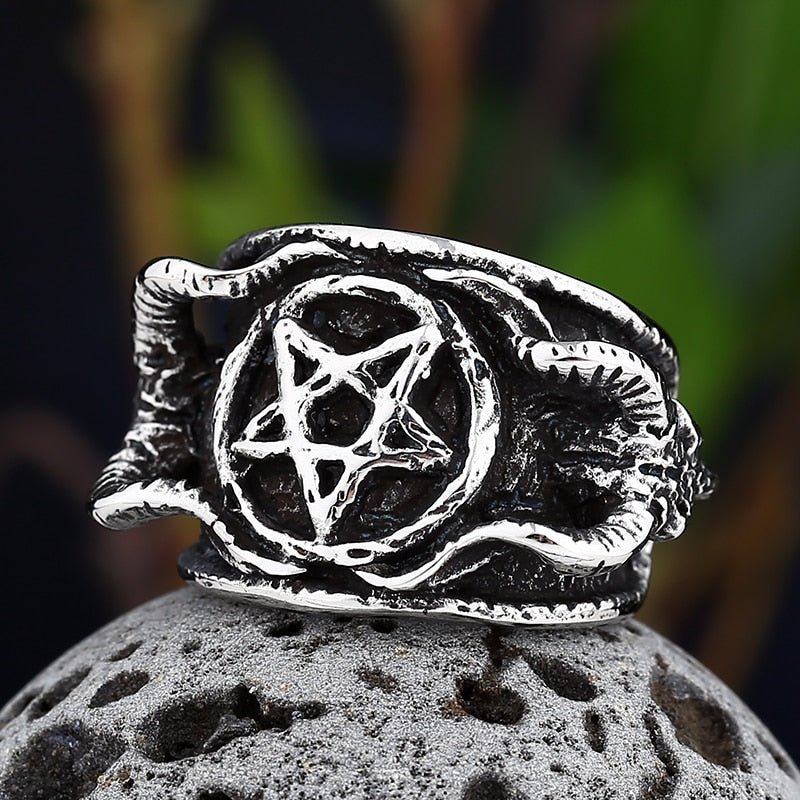 Twin Baphomet Pentagram Ring - Chrome Cult