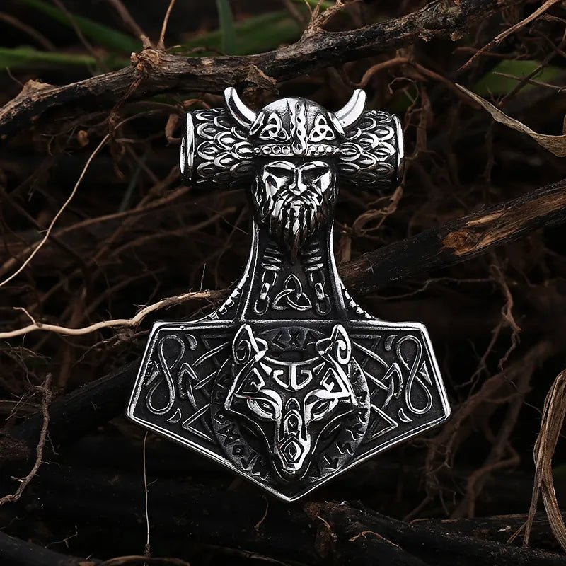 Viking And Wolf Head Celtic Knot Pendant - Chrome Cult