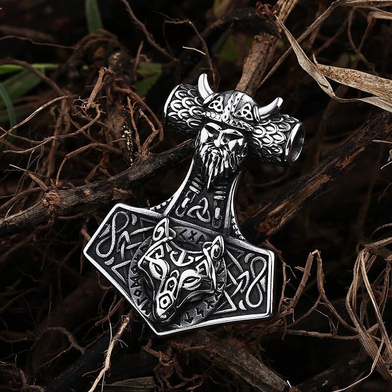 Viking And Wolf Head Celtic Knot Pendant - Chrome Cult