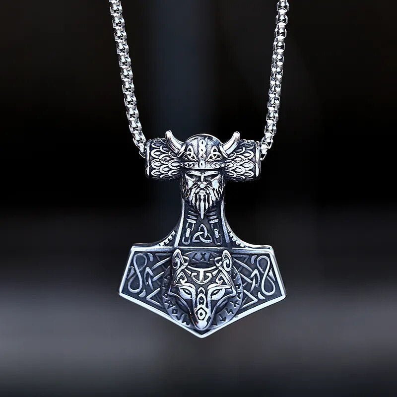 Viking And Wolf Head Celtic Knot Pendant - Chrome Cult