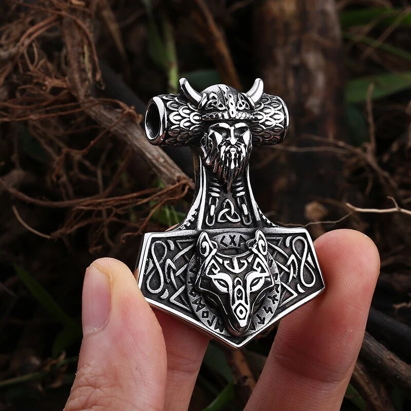 Viking And Wolf Head Celtic Knot Pendant - Chrome Cult