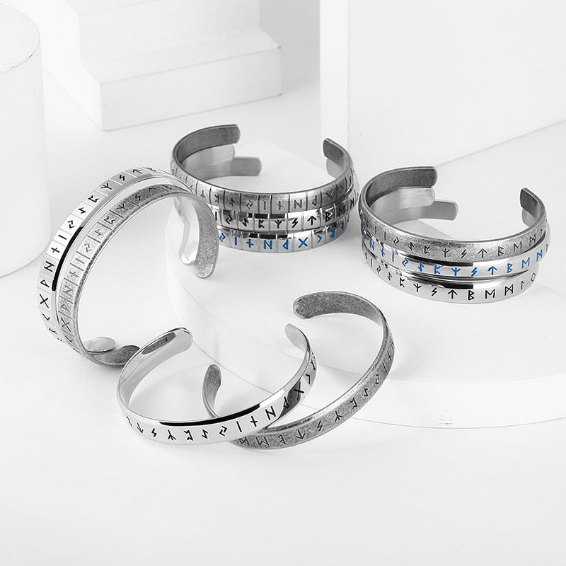 Viking Runes Open Cuff Bracelet - Chrome Cult