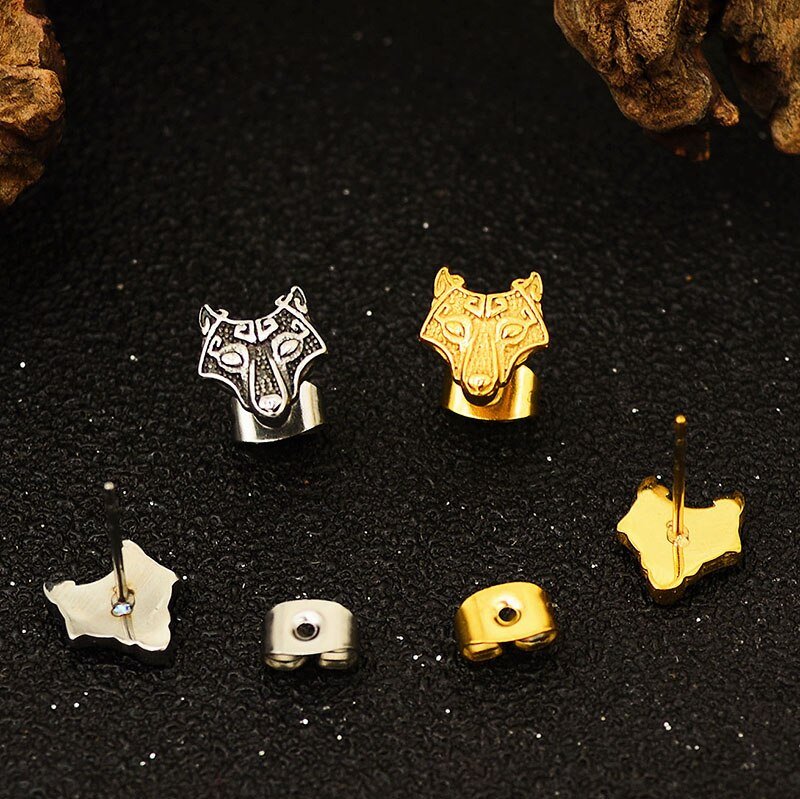 Viking Wolf Stud Earrings - Chrome Cult