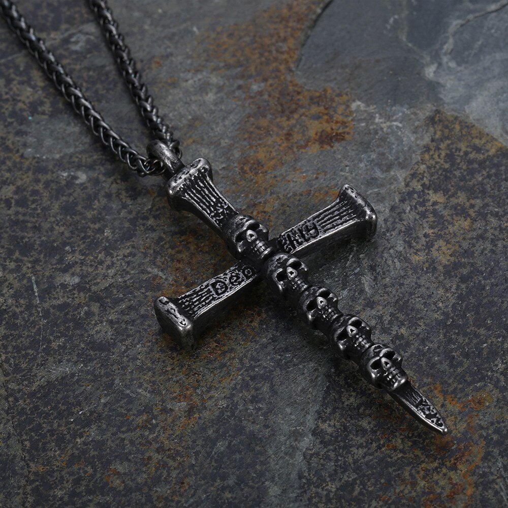 Vintage Cross Skull Pendant - Chrome Cult