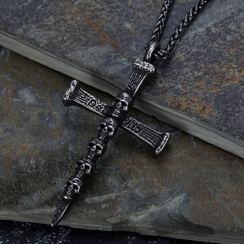 Vintage Cross Skull Pendant - Chrome Cult