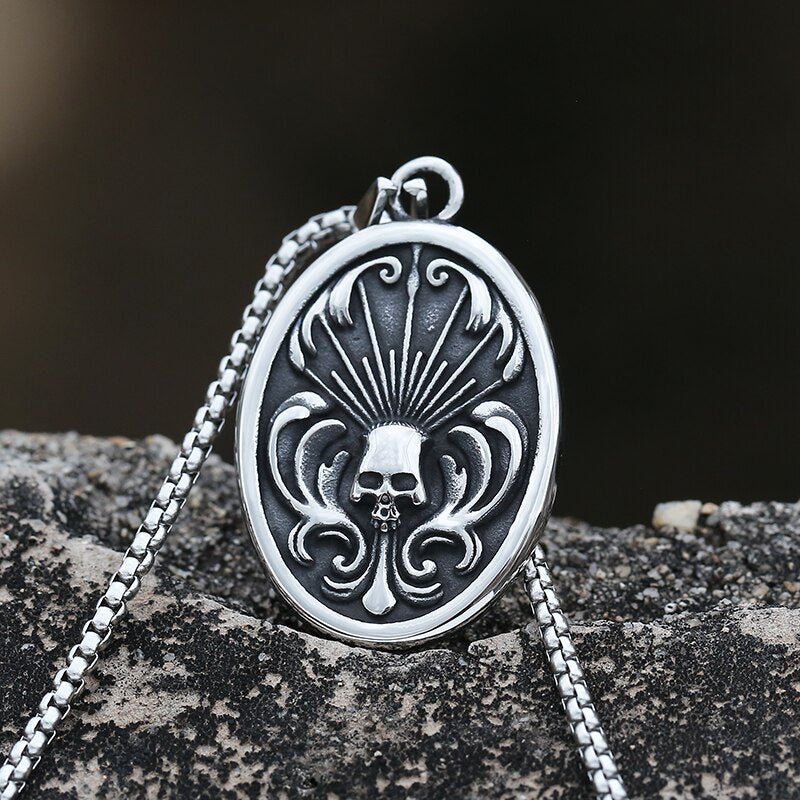 Vintage Skull Noble Pattern Oval Pendant - Chrome Cult